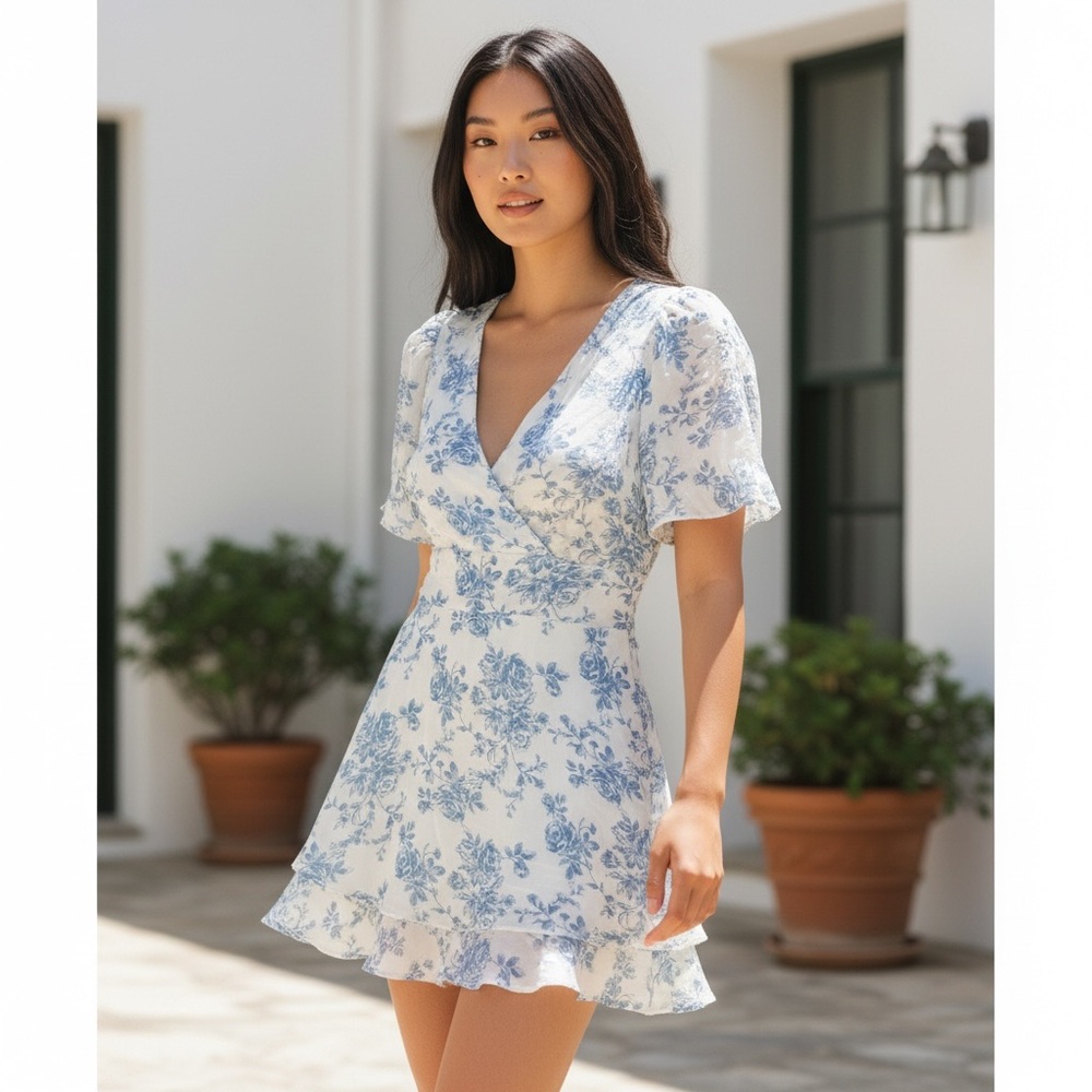 As U Wish Dress - Floral Blue and White - Size Medium